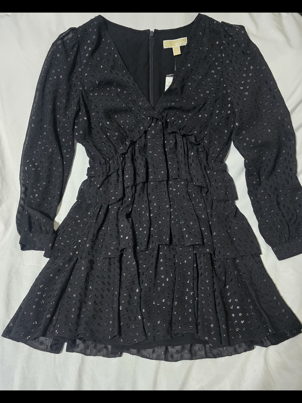 Michael Kors Black Long Sleeve Tiered V-Neck Dress Built In Slip Sz. L